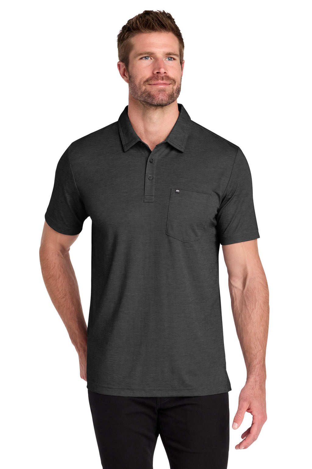 TravisMathew Oceanside Heather Pocket Polo – Black Heather – front