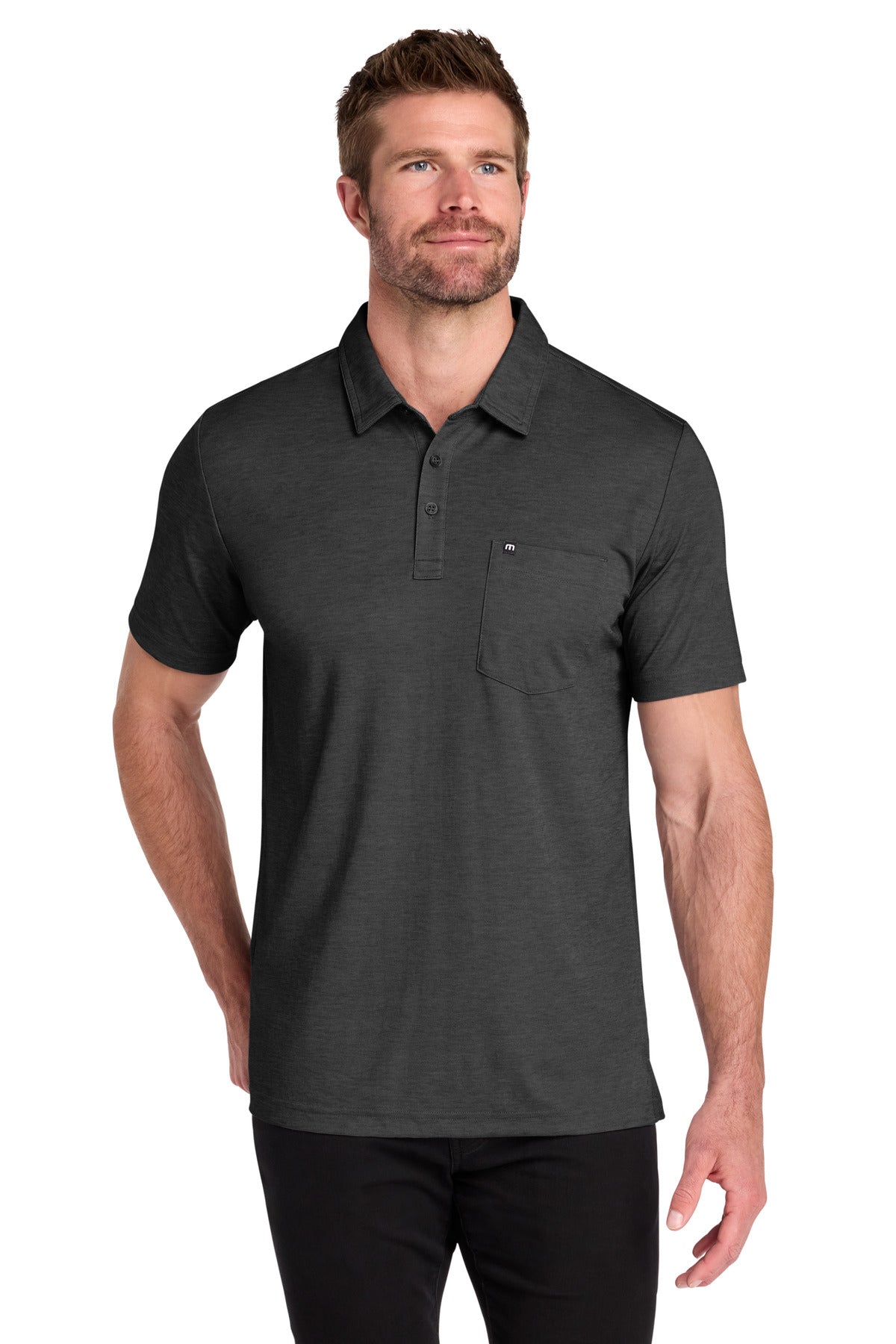 TravisMathew Oceanside Heather Pocket Polo – Black Heather – front