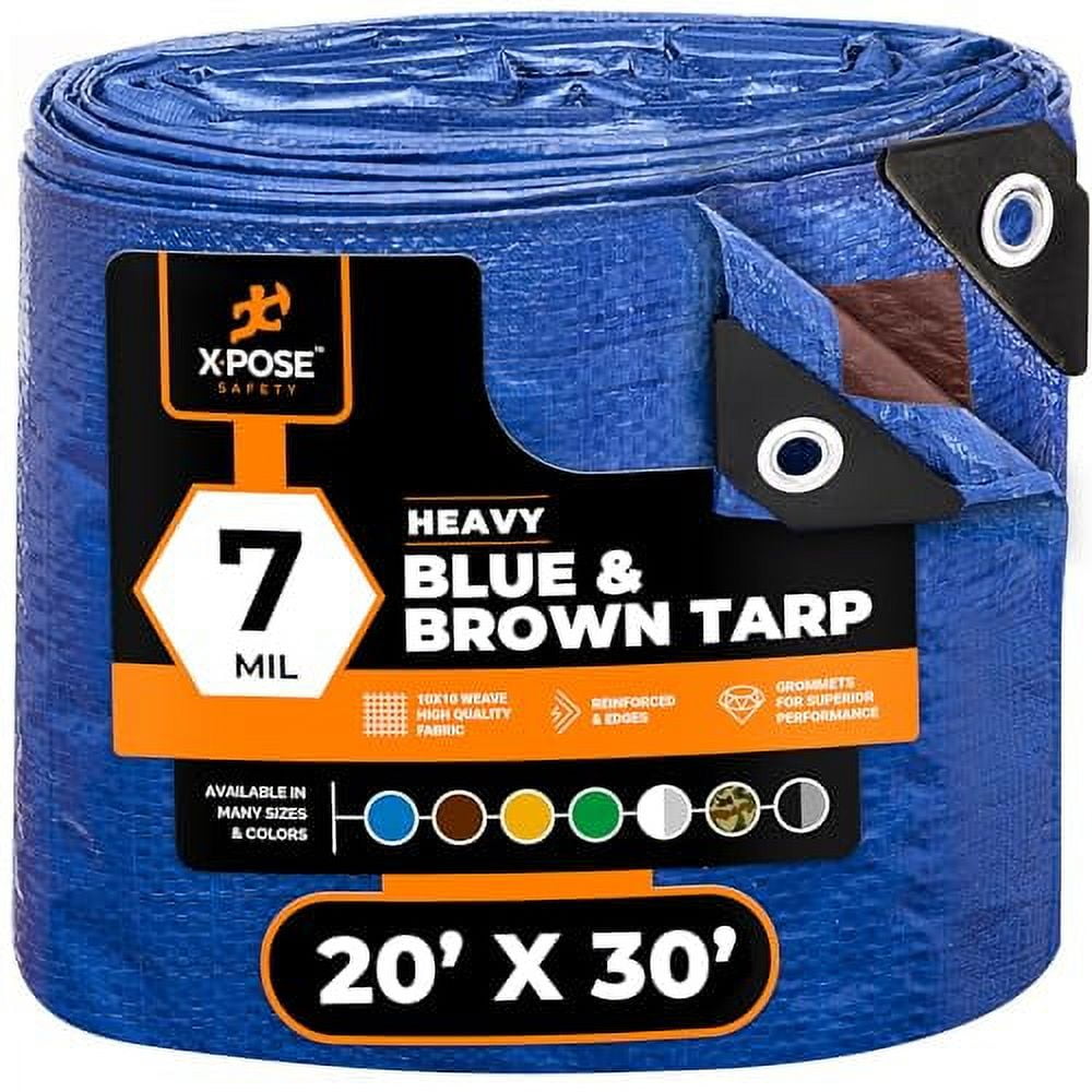 X-Pose Heavy-Duty Poly Tarp 20' x 30', 7 mil, Blue/Brown Reversible